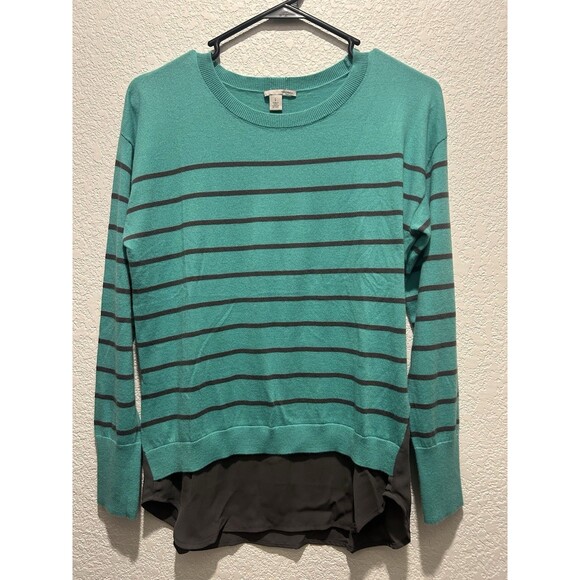 Halogen Sweater Womens L Green Gray Stripe Layered Pullover Crew Neck Cashmere - Picture 1 of 7